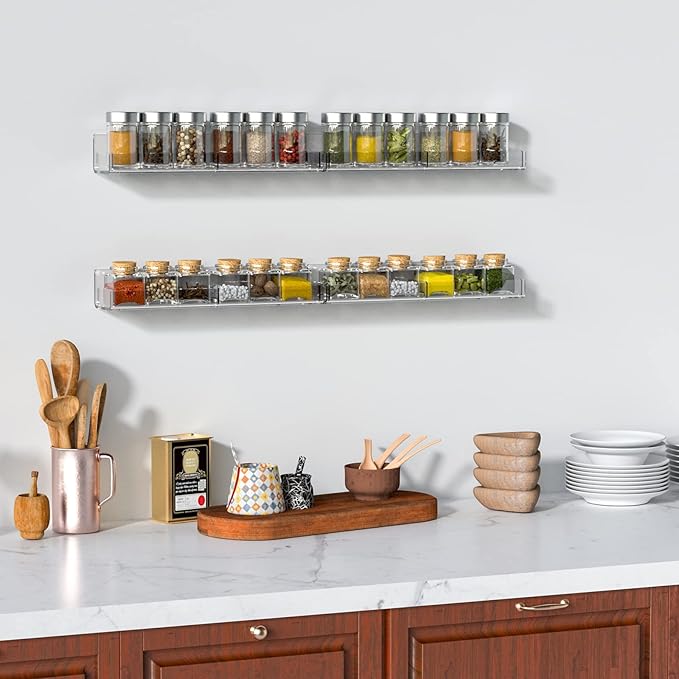 Acrylic Wall Spice Rack Organizer, Seasoning Rack Shelf Organizer, Clear Wall Mounted Spice Rack Condiment Organizer with Additional Removable Middle Divider, 4 Pack…-Ruum Studio Home