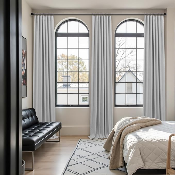 Light Gray Blackout Linen Curtains 108 Inches Long 2 Panel for Sliding Glass Door Puddle Length Floor to Ceiling Drape Lightweight Thermal Black Out Curtain for Bedroom Living Room Heather Grey Silver