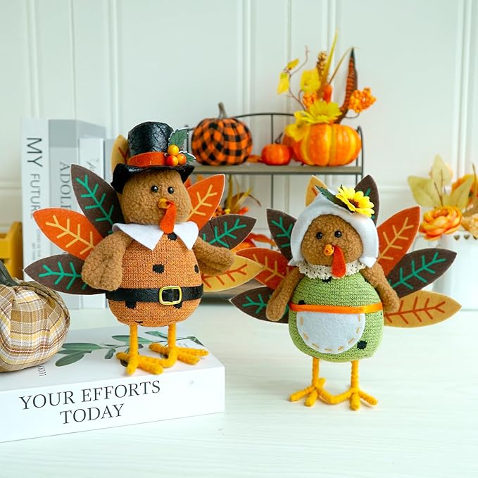 CRCZK Thanksgiving Turkey Decoration Fall Harvest Tabletop Decor Standing turkey with Dangling Legs, 2 Pack Plush Stuffed Turkeys Shelf Figurine Gift for Autumn Fall Harvest Halloween Home Decorations-Ruum Studio Home