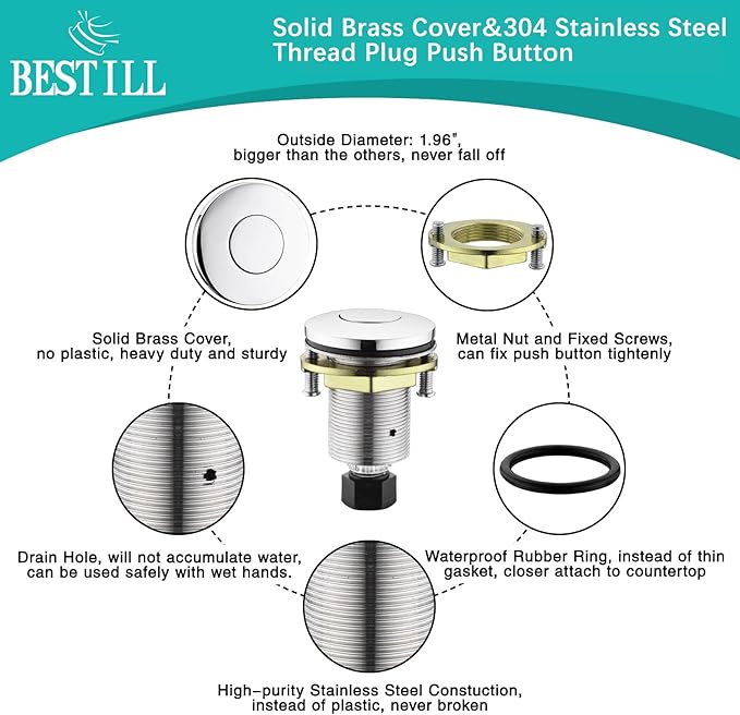 BESTILL Garbage Disposal Air Switch Kit - UL Listed, Brass 2.95" Short Sink Top On/Off Switch Button for Food Waste Disposer, Chrome, Compatible with all Garbage Disposals-Ruum Studio Home