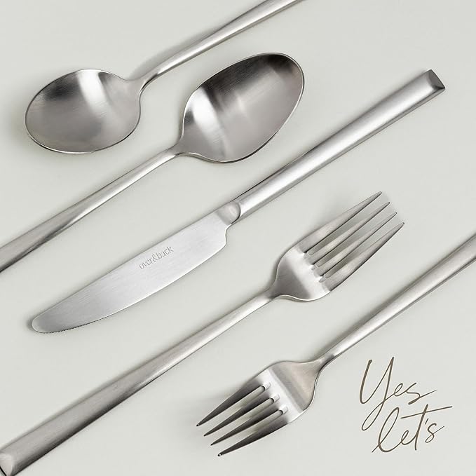 over&back 20pc Modern Flatware Cutlery Set - Comes with 4 Dinner Forks, 4 Salad Forks, 4 Dinner Knives, 4 Dinner Spoons, and 4 Teaspoons - 18/8 Stainless Steel - Dishwasher-Safe - Brushed Stainless-Ruum Studio Home