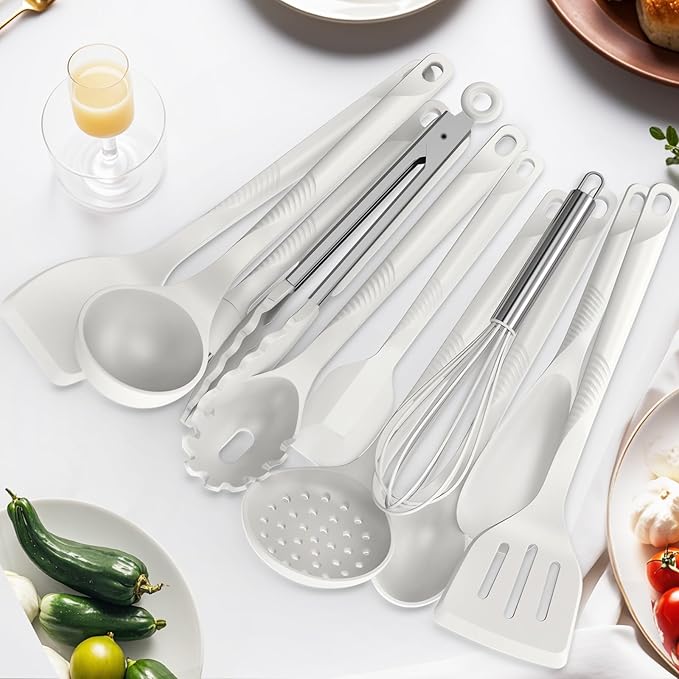 Silicone Cooking Utensils Set - 600°F Heat Resistant, Nonstick Kitchen Utensil Set with Spatulas, Spoons, Whisk, Tongs, BPA Free, Dishwasher Safe, Cream White-Ruum Studio Home