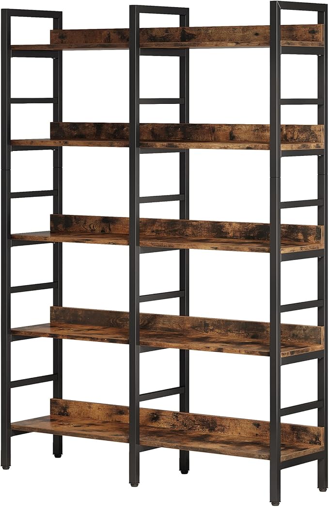 Tribesigns 5-Tier Industrial Bookshelf, 71”H x 47”W Etagere Bookcase, Freestanding Double Wide Book Shelf for Storage and Display, Wood and Metal Bookshelves for Living Room Home Office, Rustic Brown-Ruum Studio Home