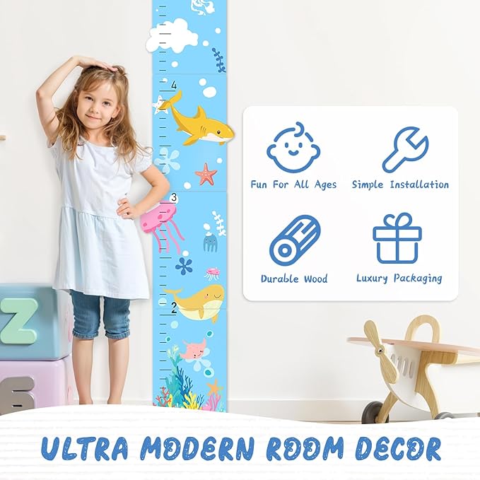Personalized Name Growth Chart, Marine Animals Wooden Growth Chart for Kids, Height Chart for Boys Girls, Measuring Board for Kids Height for Child's Room, Nursery Decor Decoration-Ruum Studio Home