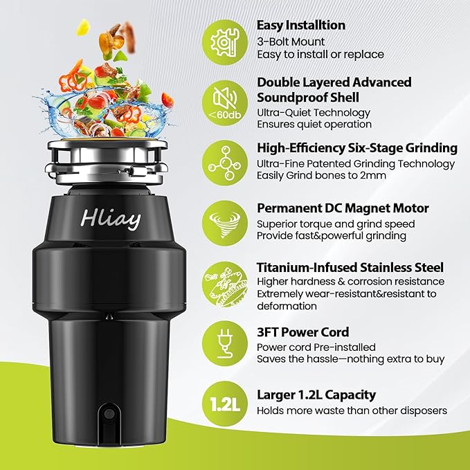 DC Garbage Disposal 3/4 HP Quiet (60dB) with Cord & Dishwasher Hookup for Kitchen Sink Food Waste, 6-Stage Grinding, 3-Bolt, 2700RPM, Continuous Feed, Titanium Stainless Steel, 10-Year Warranty-Ruum Studio Home