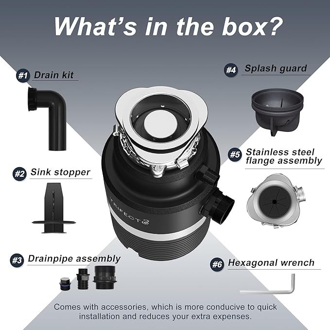 Trifecte Series 1 HP Continuous Feed Garbage Disposal with Sound Reduction, Power Cord, Stainless steel Flange,Splash Guard, Wrench Included, Black-Ruum Studio Home