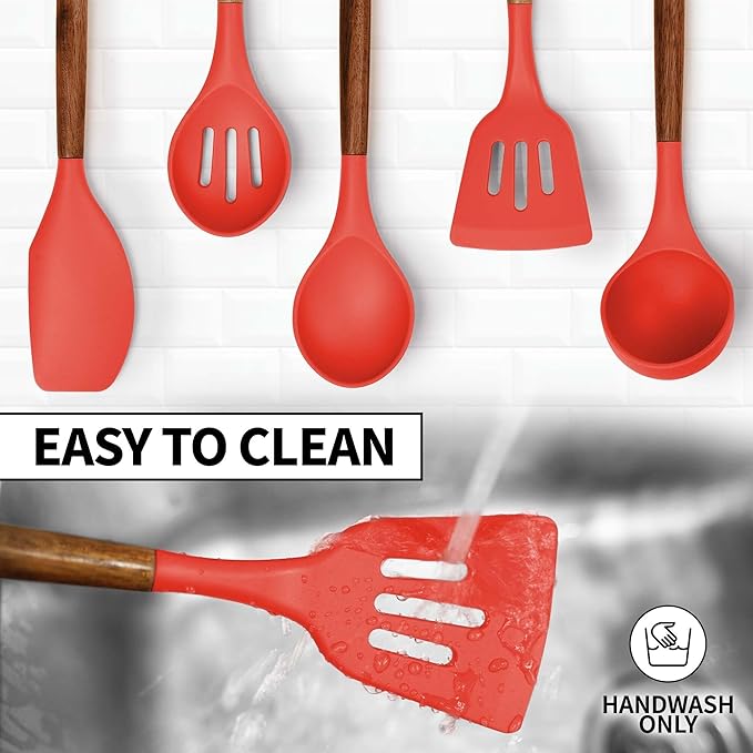 Zulay Kitchen Utensils Set Non-Stick Silicone Cooking Utensils Set with Authentic Acacia Wood Handles - 5 Piece Silicone Utensil Set - Silicone Kitchen Utensils Set with 464°F Heat Resistance - Red-Ruum Studio Home
