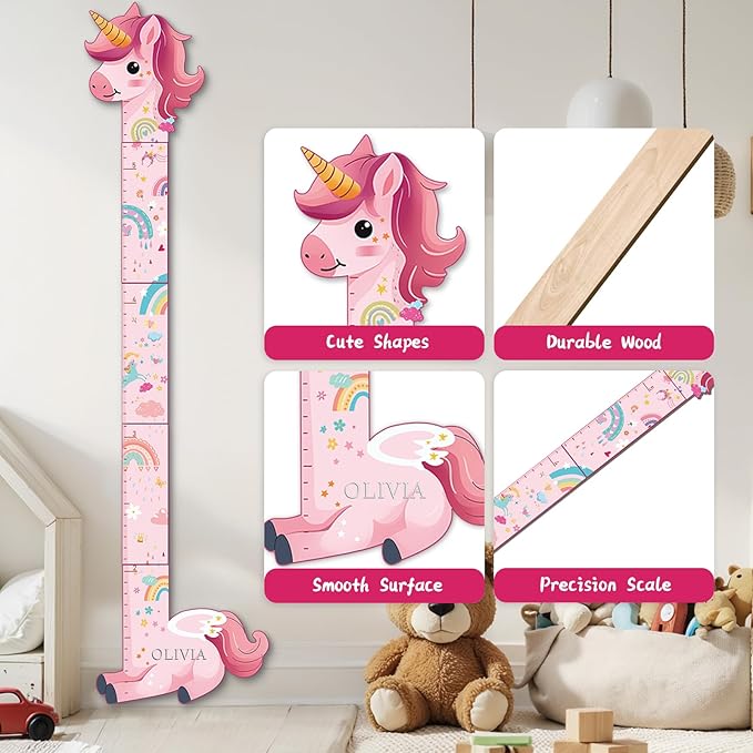 Personalized Name Growth Chart for Kids, Unicorn Wooden Wall Decor Growth Chart, Wall Decor for Kids Room, Wooden Growth Chart for Wall and Nursery Medical Office Toddler Playroom-Ruum Studio Home