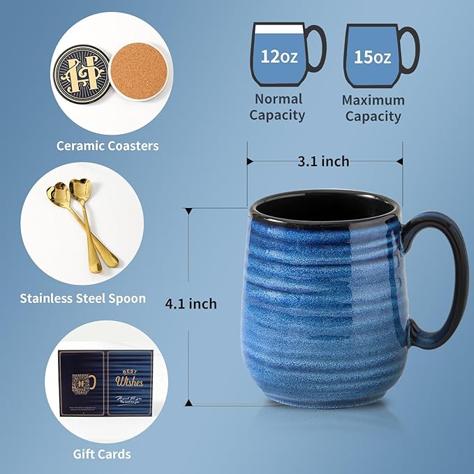 Hasense Coffee Mugs Set of 2, 12oz Ceramic Glazed Mugs with Handles, Blue Reactive Glazes Tea Cups Gift Set for Men and Women, Includes Gold Spoon & Coaster-Ruum Studio Home