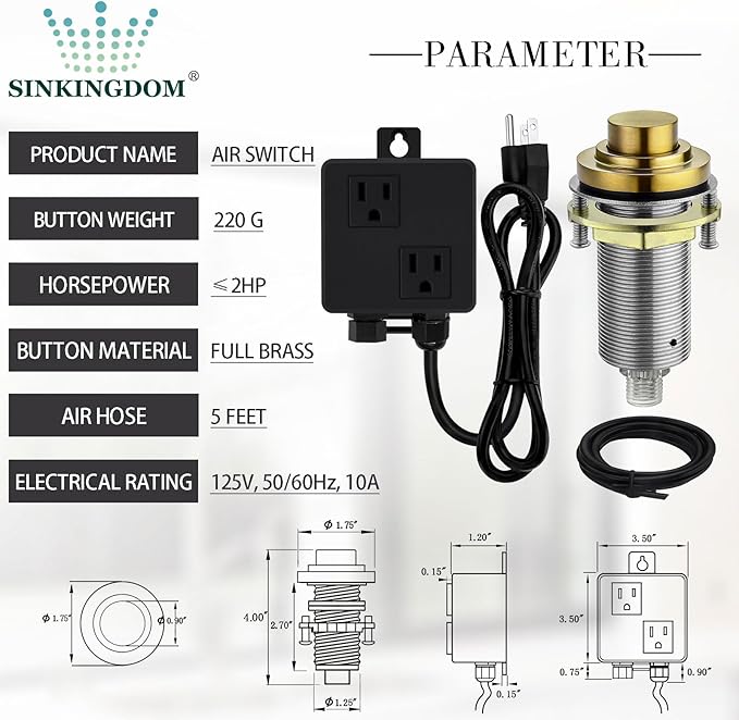 SinkTop Air Switch Kit (Long Full Brass Button) for Disposal, Dual Outlet, (Champagne Bronze)-Ruum Studio Home