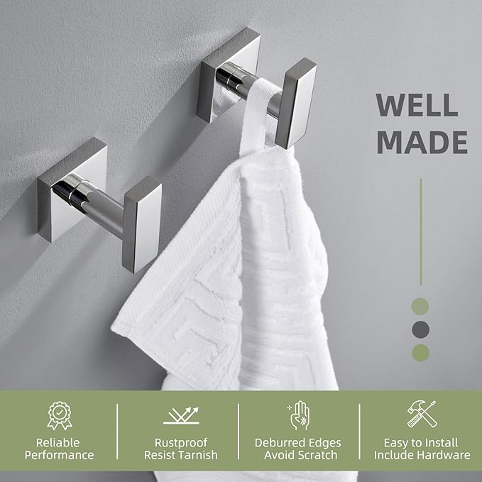 Angle Simple Bath Towel Hook 2 Pack, Stainless Steel Square Robe Coat Holder for Wall, Bathroom Kitchen Garage Wall Hook for Hanging Tools, Polished Chrome-Ruum Studio Home