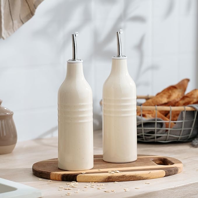 famiware Jupiter 16oz Ceramic Olive Oil Dispenser Bottle, Olive Oil and Vinegar Dispenser Bottle Set of 2 with Stainless Steel Pourers, Suitable for Storage Vinegar, Liquids, Vanilla White-Ruum Studio Home
