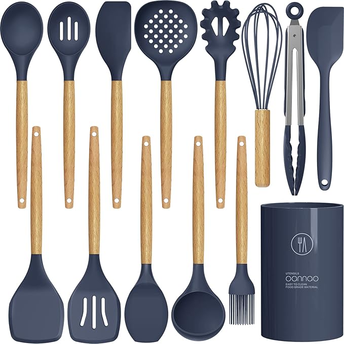 Silicone Cooking Utensils Set - 446°F Heat Resistant Silicone Kitchen Utensils for Cooking,Kitchen Utensil Spatula Set w Wooden Handles and Holder, BPA FREE Gadgets for Non-Stick Cookware (Navy Blue)-Ruum Studio Home