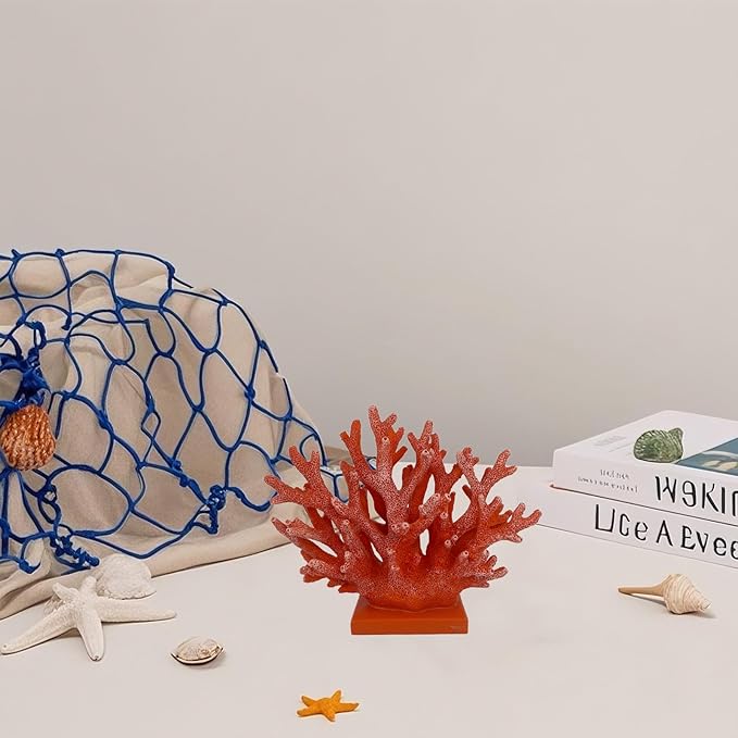5.8" H Red Orange Coral Decor - Resin Coral Statue, Nautical Decor for Home, Bedroom, Bathroom, Living Room, Ocean Themed Cabinet Shelf Tabletop Decoration-Ruum Studio Home