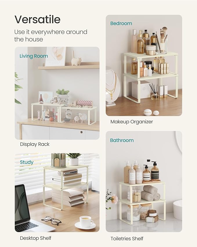 SONGMICS Cabinet Organizer Shelf, Set of 2 Kitchen Counter Shelves, Kitchen Storage, Spice Rack, Stackable, Expandable, Metal and Engineered Wood, Cream White UKCS002W02-Ruum Studio Home