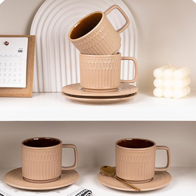 Large Cappuccino Cups with Saucers Set of 4, 8 Ounce Stackable Embossed Ceramic Coffee Mugs for Specialty Coffee Drinks, Latte, Cafe Mocha and Tea, Dishwasher & Microwave Safe (Brown)-Ruum Studio Home