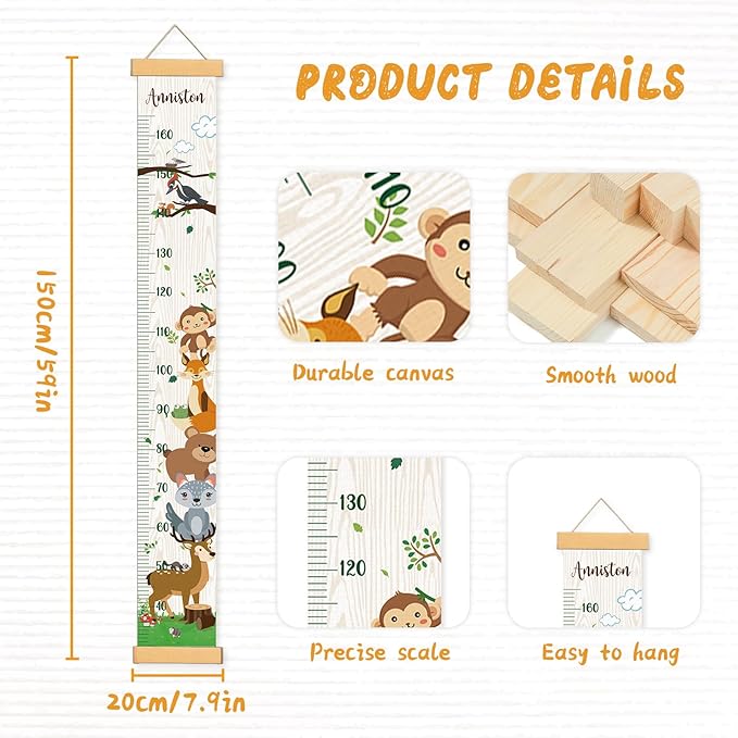 Personalized Name Growth Chart Wall Decor for Kids – Canvas Removable Height Chart Measuring Ruler 59" x 7.9" (Zoo)-Ruum Studio Home