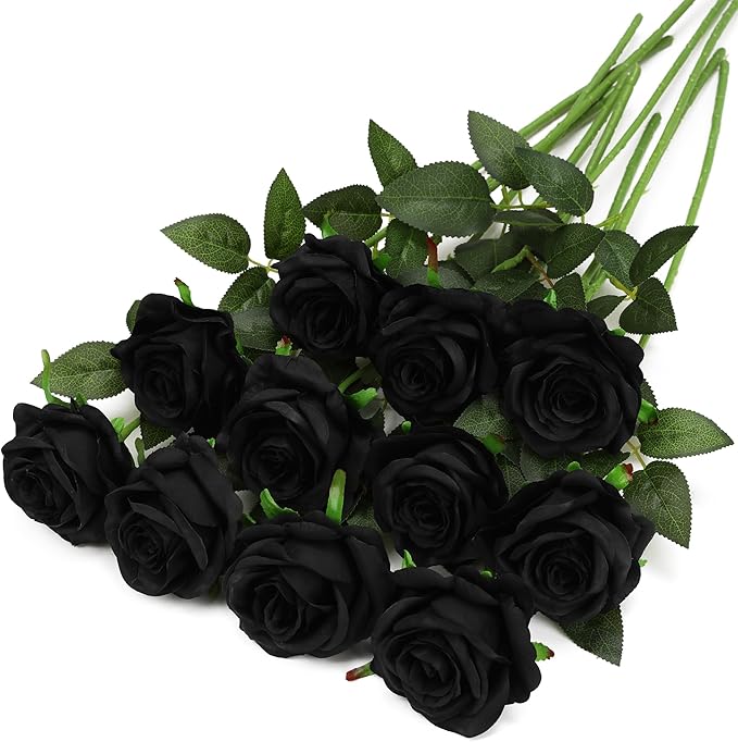 Black Fake Roses Artificial Flowers - 10 Pcs Fake Artificial Roses Silk Flowers with Stems for Home Wedding Hotel Office Centerpiece Decor-Ruum Studio Home