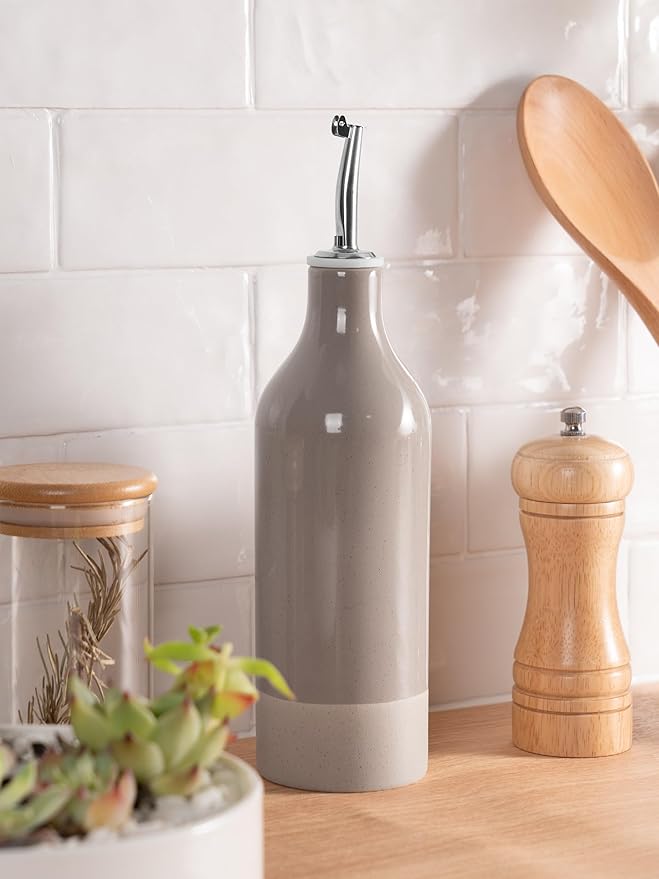 famiware Milkyway 16oz Ceramic Olive Oil Dispenser Bottle, 1 Piece Oil Dispenser for Kitchen with Stainless Steel Pourers, Suitable for Storage Vinegar, Soy Sauce, Coffee Syrup, Cinnamon Brown-Ruum Studio Home