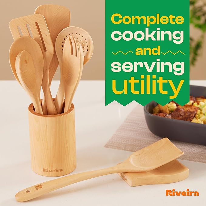 Riveira Maple Wooden Spoons for Cooking Set of 9 – Natural Maple Wooden Cooking Utensils, Wooden Spatula, Wooden Spoon - Premium Quality Wooden Utensil Set for Non-Toxic Cooking-Ruum Studio Home
