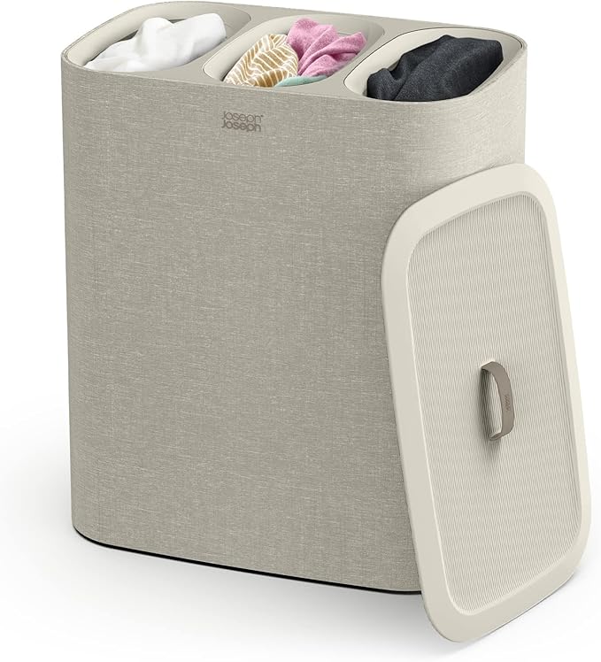Joseph Joseph Tota Trio 90 liter/23.8 gallon Laundry Hamper Separation Basket with lid, 3 Removable Washing Bags with Handles- Ecru-Ruum Studio Home
