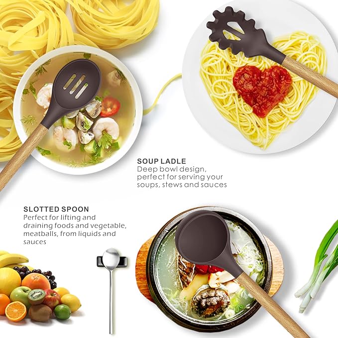 Silicone Cooking Utensils Set - 446°F Heat Resistant Silicone Kitchen Utensils for Cooking,Kitchen Utensil Spatula Set w Wooden Handles and Holder for Non-Stick Cookware, BPA FREE (Coffee)-Ruum Studio Home
