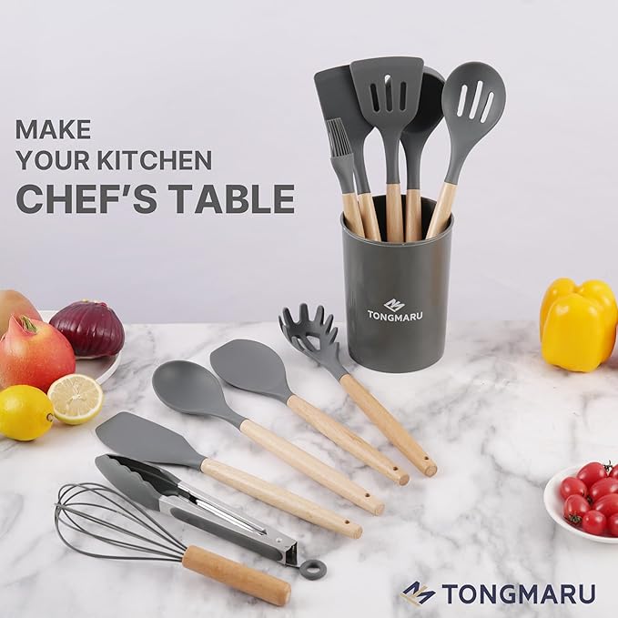 Silicone Cooking Utensils Set, Premium Beech Wood Handle Kitchen Gadgets Utensil Set, Non-Stick Kitchen Utensils Spatula, Tongs, Turner, Whisk, Brush, Spoon, BPA FREE, 446°F Resistant (Dark Gray)-Ruum Studio Home