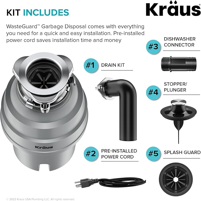 KRAUS WasteGuard High-Speed 3/4 HP Continuous Feed Ultra-Quiet Motor Garbage Disposal with Power Cord and Flange Included and Universal Mount, KWD210-75MGR-Ruum Studio Home
