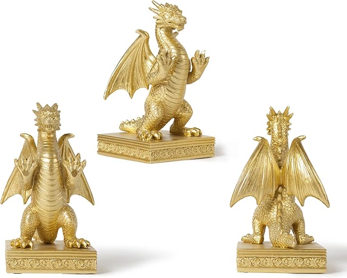 Dragon Statue Decorative Bookends for Shelves, Regal Gold Dragon Statue Home Office Decoration, Fantasy Dragon Figurine Enthusiasts Gifts-Ruum Studio Home