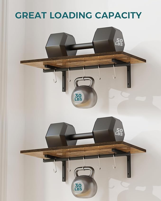 OROPY 2 Pack Wooden 23.6'' Pot Pan Hanging Rack Wall Mounted with 10 S Hooks, Set of 2 Large Pot Wall Holder Kitchen Shelves for Utensils, Cookware-Ruum Studio Home