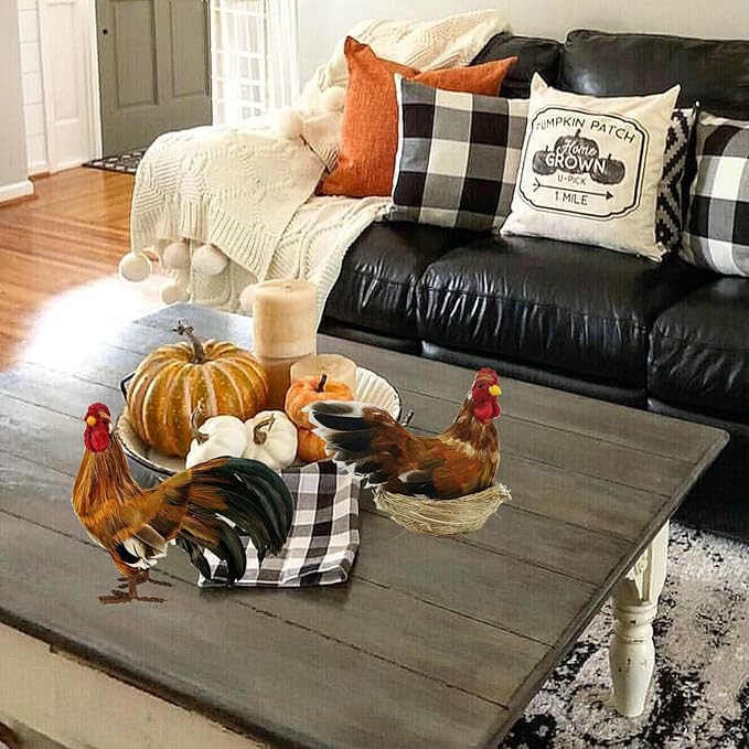 naturevibe 8.8 Inches Feathered Rooster Decor and Hen,Realistic Farm Animals Figurine with Real Feathers as Fall Decorations,Autumn Chicken Decor for Fall Centerpiece or Harvest Festival Display-Ruum Studio Home