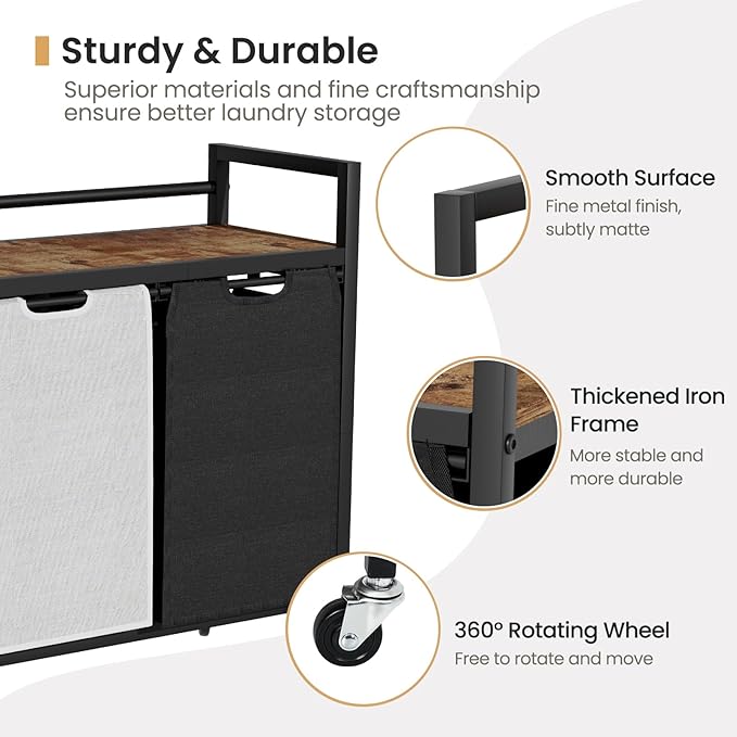 Laundry Hamper, Laundry Basket, Laundry Sorter with 2 Removable Bags, Clothes Basket with 2 Compartments, Wheels, Shelf for Laundry Room Bathroom Bedroom (2 Bags-Black Grey)-Ruum Studio Home