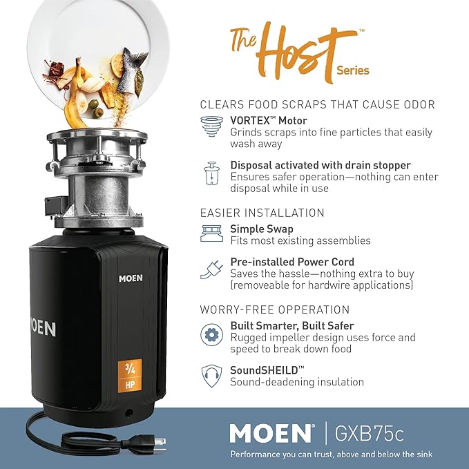 Moen Host Series Garbage Disposal for Kitchen Sink with Power Cord, Control Activation, Sound Reduction, GXB75C-Ruum Studio Home