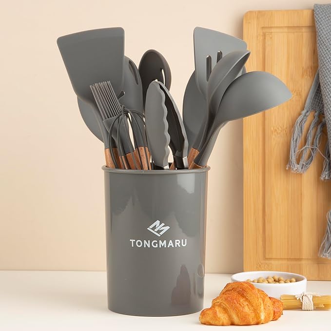 Silicone Cooking Utensils Set, Premium Beech Wood Handle Kitchen Gadgets Utensil Set, Non-Stick Kitchen Utensils Spatula, Tongs, Turner, Whisk, Brush, Spoon, BPA FREE, 446°F Resistant (Dark Gray)-Ruum Studio Home
