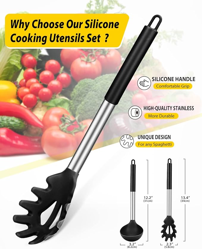 Silicone Pasta Fork and Ladle Spoon Set, Large Non Stick Kitchen Utensils for Cooking,Stirring,Serving Spaghetti, Soup, Sauce (BLACK)-Ruum Studio Home