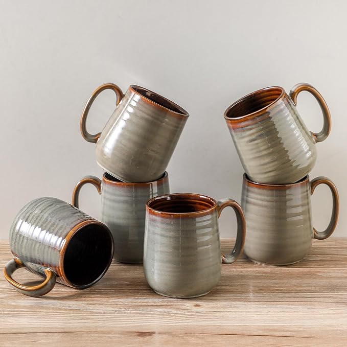 Hasense 12 oz Coffee Mugs, Ceramic Coffee Cups Set of 6, Stoneware Latte Mug with Large Handle for Coffee, Tea, Milk and Chocolate, Easy Hold & Clean, Dishwasher & Microwave Safe, Light Grey-Ruum Studio Home
