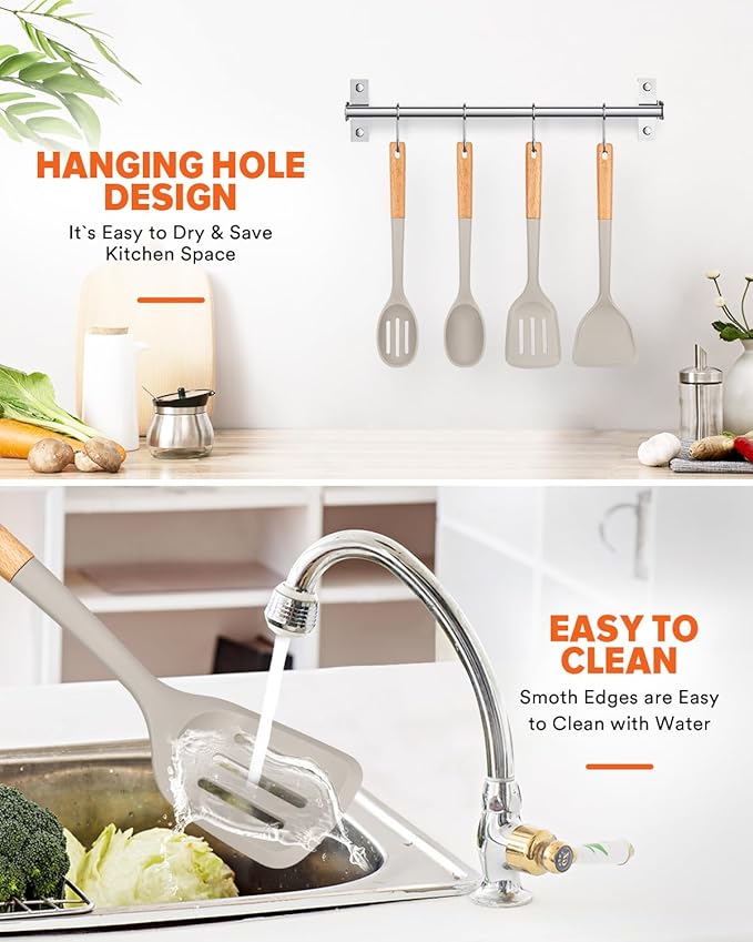 Silicone Cooking Utensils Set, Perfectly Angled for Frying, Mixing,Serving,Draining,Turning and Stirring, BPA-Free Matte Silicone, Wood Handles, Safe for Nonstick Cooking Surfaces,4 Pack (Khaki)-Ruum Studio Home