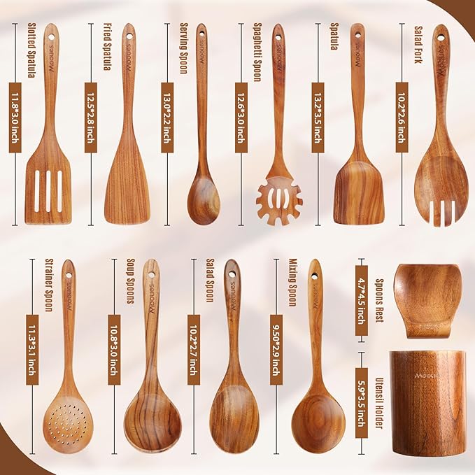 Wooden Spoons for Cooking, 12PCS Teak Wooden Kitchen Utensil Set with Spoon Rest - Smooth Finish, Non-Stick, Comfortable Grip, Heat Resistant Cooking Utensils Set-Ruum Studio Home