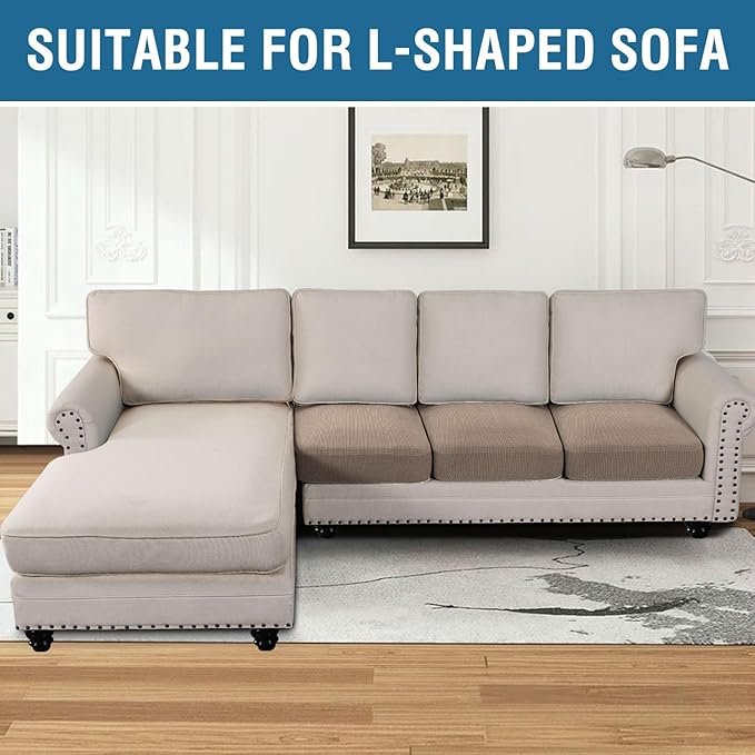 H.VERSAILTEX Super Stretch Individual Seat Cushion/Couch Slipcover Sets Thick Jacquard Textured Twill Fabric (3 Piece Sofa Covers, Sand)-Ruum Studio Home