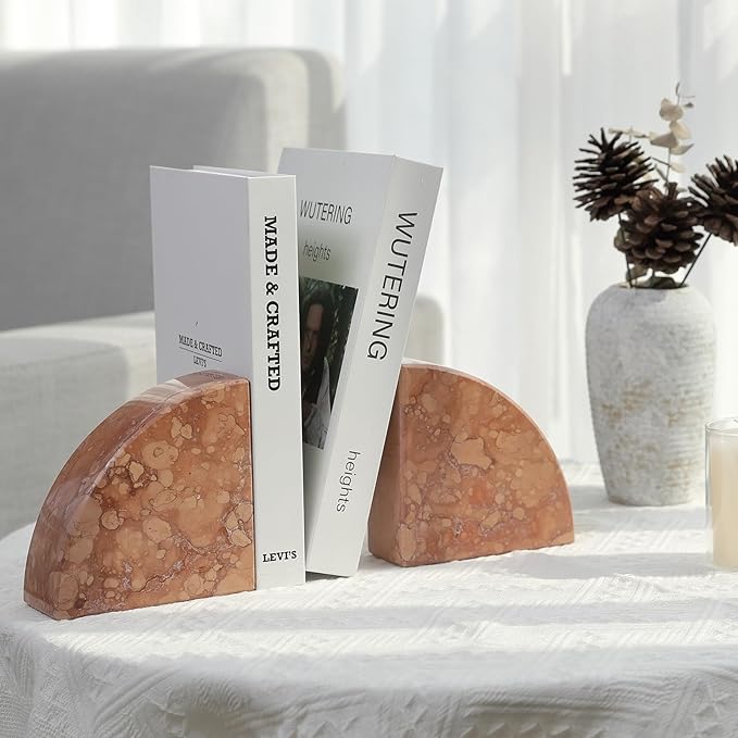 Marble Bookend for Shelves, Non-Skid Bookends for Heavy Books, Heavy Duty Book Stopper for CDs, Luxury Book Shelf Holder, Quarter Circle Design Book Ends Decorative, Perlino Rosato, Set of 2-Ruum Studio Home