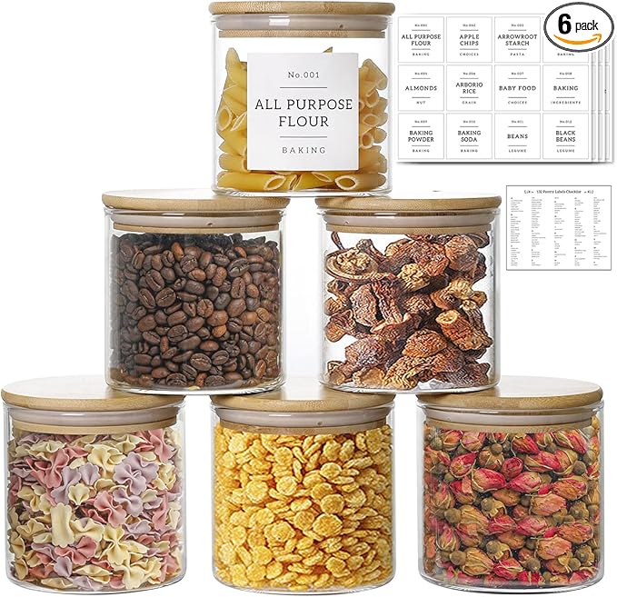 20 OZ Glass Food Storage Jars with 132 Pantry Labels Preprinted - 6 Pcs Thicken Glass Storage Containers with Airtight Bamboo Lid - Clear Kitchen Canister for Spice, Tea, Coffee, Sugar, Cookie, Candy-Ruum Studio Home