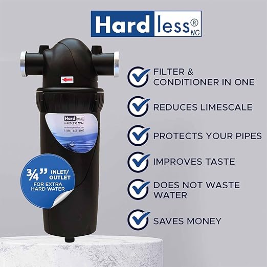 Hardless NG4L Whole House Water Filter- Salt-Free Softening Device - Reduces Limescale, Sediment & More - Compact, Easy to Install- Comes w/ 3/4" Inlet/Outlet - Filtration System for Extra Hard Water-Ruum Studio Home