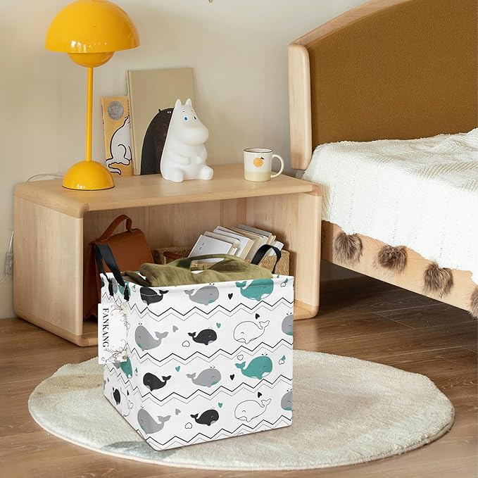 FANKANG Square Nursery Hamper Storage Bins Canvas Laundry Basket Foldable with Waterproof PE Coating Storage Baskets Gift Baskets for Children, Office, Bedroom, Clothes(Square-whales )-Ruum Studio Home