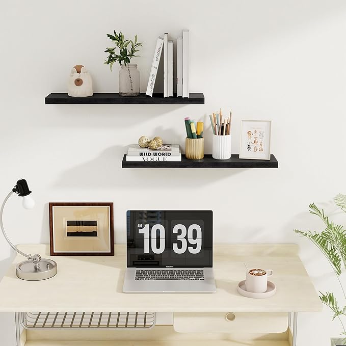 Fun Memories Floating Shelves for Wall, 27.5" Rustic Wood Deep Wall Mounted Shelves with Invisible Brackets for Decor & Storage, Floating Shelf for Living Room, Bathroom (Black, Set of 2)-Ruum Studio Home