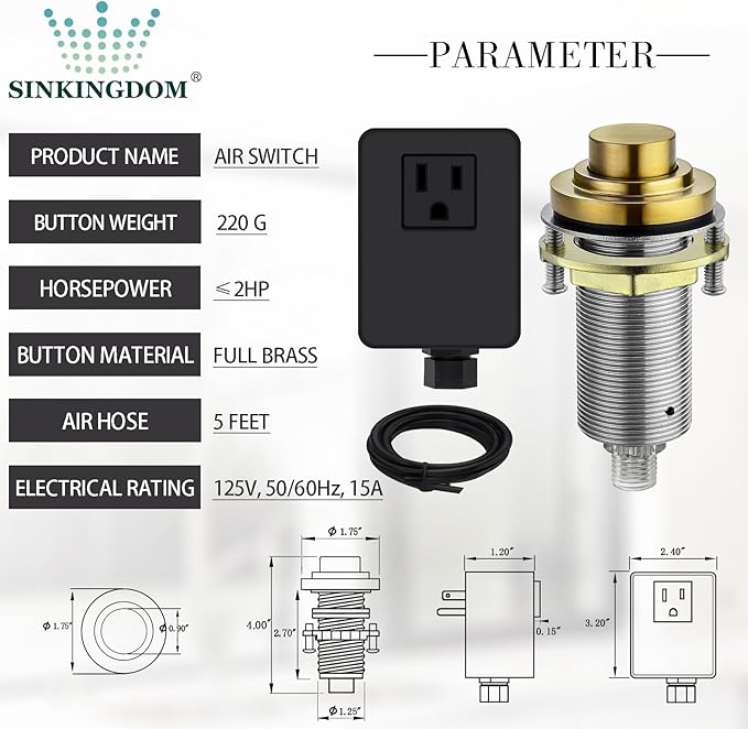 SinkTop Air Switch Kit (Long Full Brass Button) for Garbage Disposal, Cordless Champagne Bronze-Ruum Studio Home