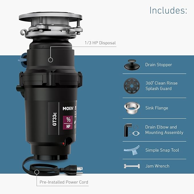 Moen GT33C Lite Series 1/3 Horsepower Continous Feed Garbage Disposal featuring Fast Track Technology, Power Cord Included-Ruum Studio Home