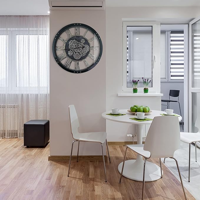 27 Inch Moving Gear Wall Clock, Oversized Wall Clocks, Clock Living Room Decor, Solid Wood Frame, Battery Operated, Large Wall Clock with Steampunk Industrial for Fireplace(Black)-Ruum Studio Home