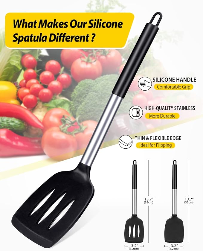 Pack of 2 Silicone Solid Turner, Non Stick Slotted Kitchen Spatulas, High Heat Resistant BPA Free Cooking Utensils, Ideal Cookware for Fish, Eggs, Pancakes(Black)-Ruum Studio Home