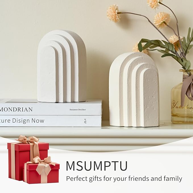 Decorative Bookends for Shelves, Set of 2 Book Ends for Heavy Books, Layered Arch Design Beige Bookend-Ruum Studio Home