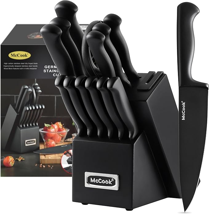 McCook® Knife Sets,German Stainless Steel Knife Block Sets with Built-in Sharpener, Black-Ruum Studio Home